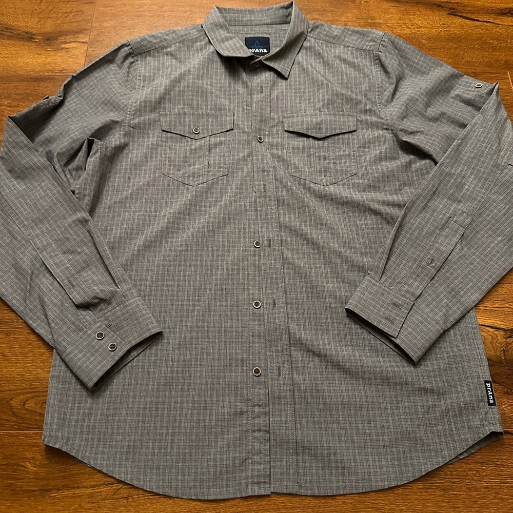 Prana Shirt Mens Large Gray Solid Button Up Long Sleeve Pockets Outdoor Travel